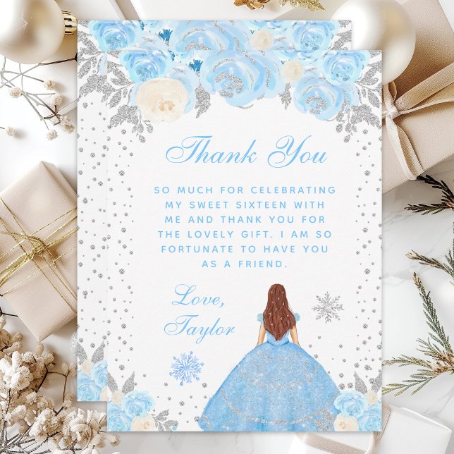 Blue Winter Brown Hair Princess Sweet Sixteen Thank You Card (Creator Uploaded)