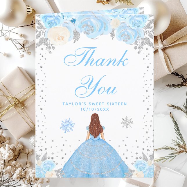 Blue Winter Brown Hair Princess Sweet Sixteen Thank You Card (Creator Uploaded)