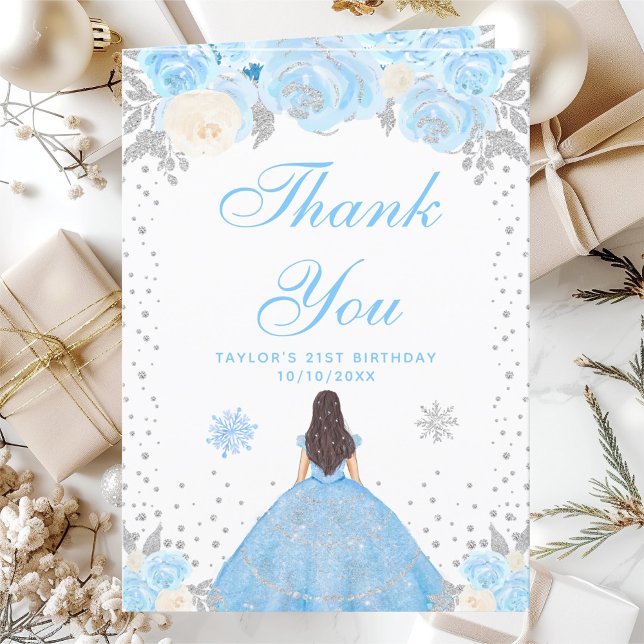 Blue Winter Brunette Hair Princess Birthday Party Thank You Card (Creator Uploaded)
