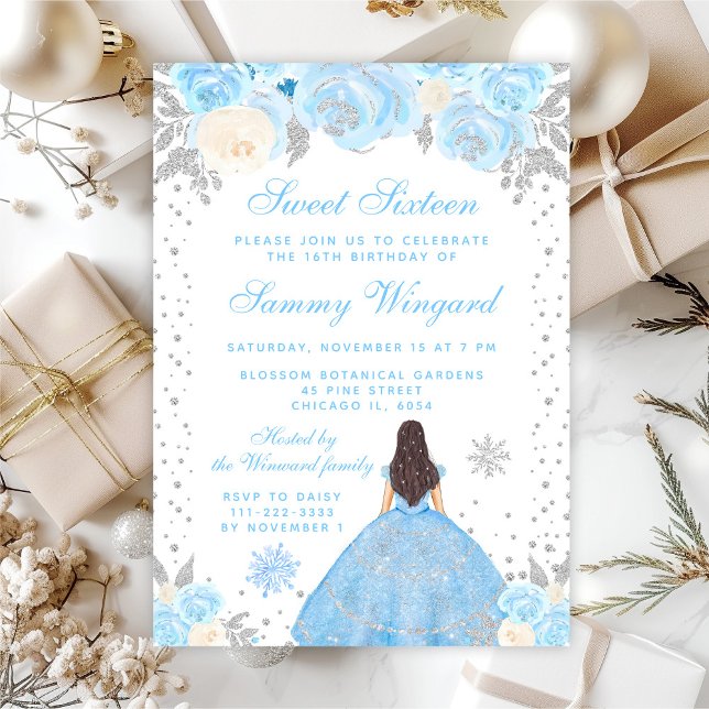 Blue Winter Brunette Hair Princess Sweet Sixteen Invitation (Creator Uploaded)