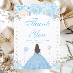 Blue Winter Brunette Hair Princess Sweet Sixteen Thank You Card