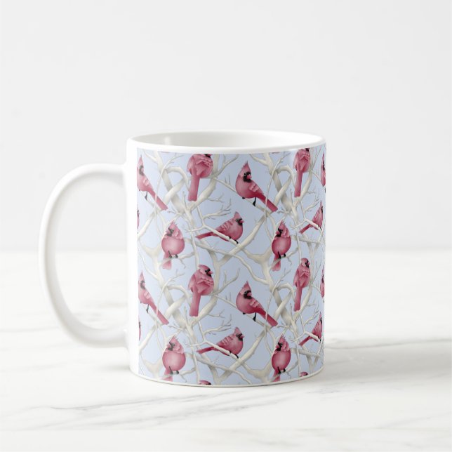 Blue Winter Cardinal Birds Pattern Coffee Mug (Left)