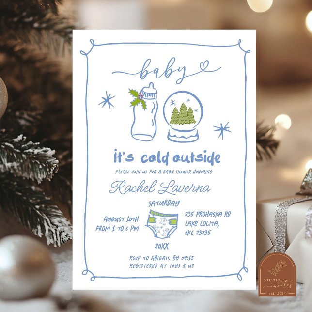 Blue Winter Christmas Hand Drawn Baby Shower Invitation (Creator Uploaded)