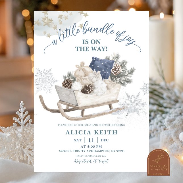 Blue Winter Christmas Sleigh Baby Shower Invitation (Creator Uploaded)