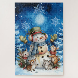 Blue Winter Christmas Snowman & Woodland Animals Jigsaw Puzzle