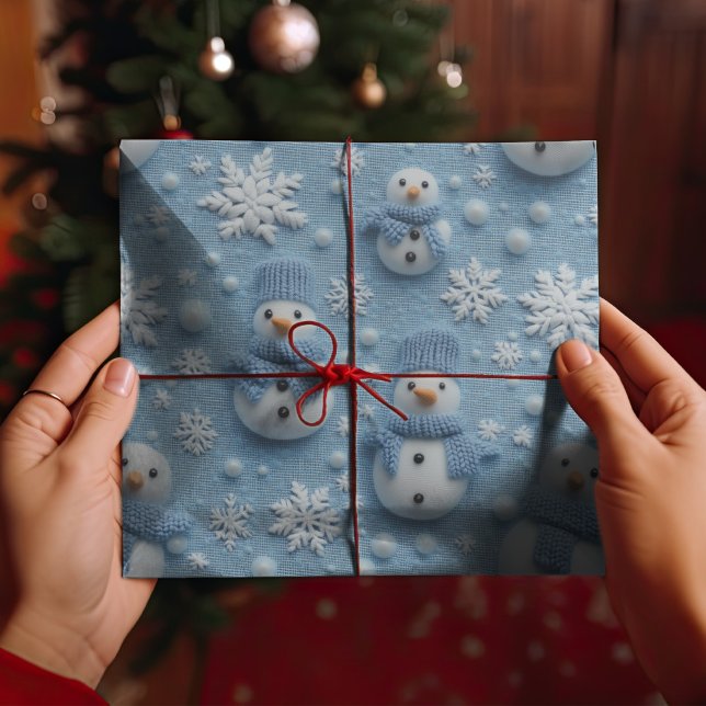 Blue Winter Christmas Sowman & Snowflakes Wrapping Paper (Creator Uploaded)