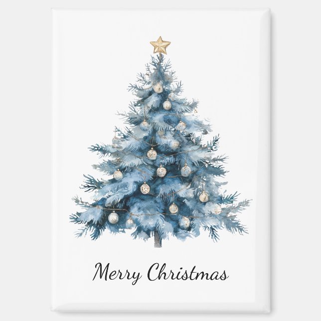 Blue Winter Christmas Tree Gold Star Magnet (Front)
