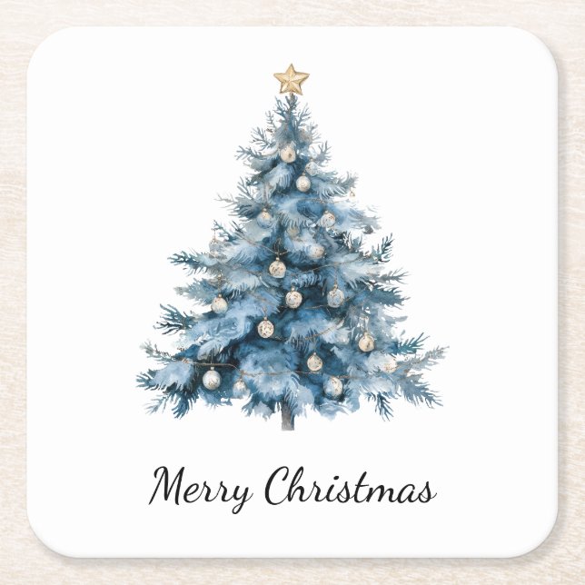 Blue Winter Christmas Tree Gold Star Square Paper Coaster (Front)