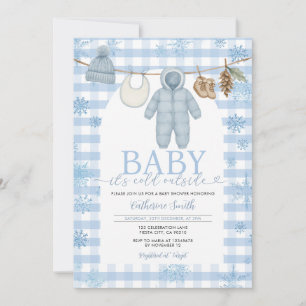 Blue Winter Clothesline Baby Shower Clothes Snow Invitation