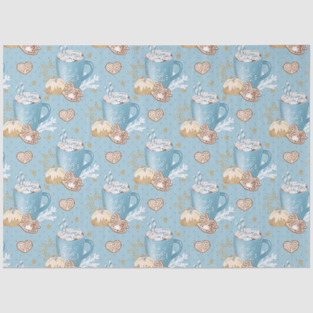 Blue Winter Cocoa & Gingerbread Pattern Tissue Paper (Front)