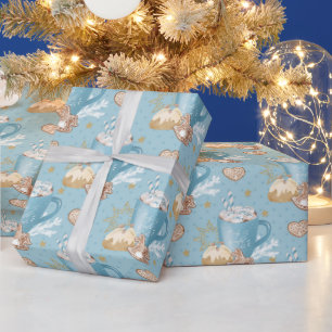 Blue Winter Cocoa & Gingerbread Pattern Wrapping Paper