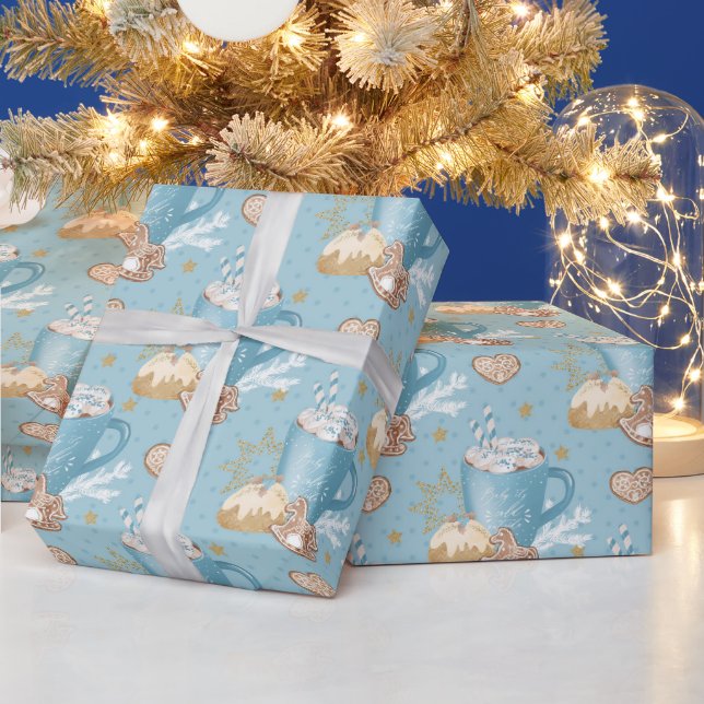 Blue Winter Cocoa & Gingerbread Pattern Wrapping Paper (Holidays)