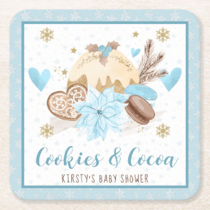 Blue Winter Cookies & Cocoa Baby Shower Square Paper Coaster