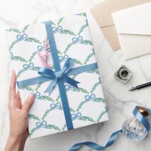 Blue Winter Coquette Coastal Bow Garland Wrapping Paper