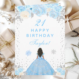 Blue Winter Dark Skin Princess Birthday Party Card