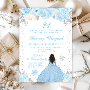 Blue Winter Dark Skin Princess Birthday Party Invitation