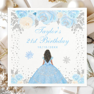 Blue Winter Dark Skin Princess Birthday Party Napkin