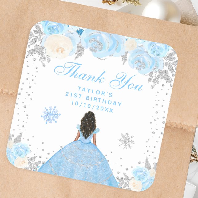 Blue Winter Dark Skin Princess Birthday Party Square Sticker (Creator Uploaded)