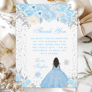 Blue Winter Dark Skin Princess Birthday Party Thank You Card