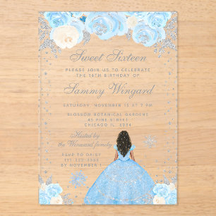 Blue Winter Dark Skin Princess Sweet Sixteen Acrylic Invitations