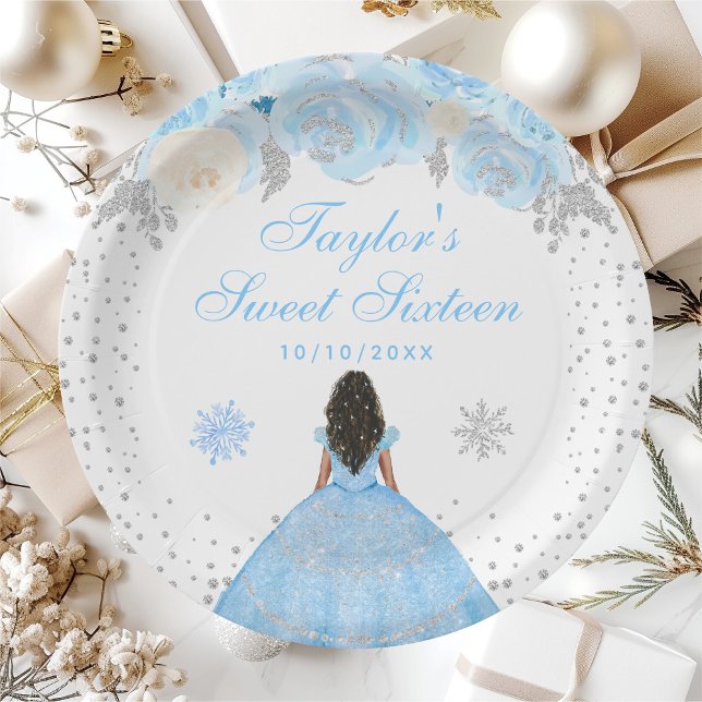Blue Winter Dark Skin Princess Sweet Sixteen Paper Plate (Creator Uploaded)
