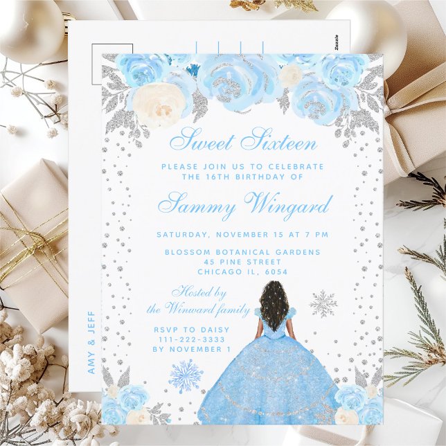 Blue Winter Dark Skin Princess Sweet Sixteen Postcard (Creator Uploaded)