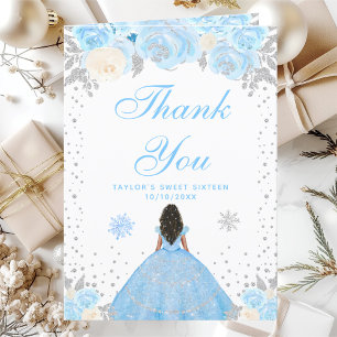 Blue Winter Dark Skin Princess Sweet Sixteen Thank You Card