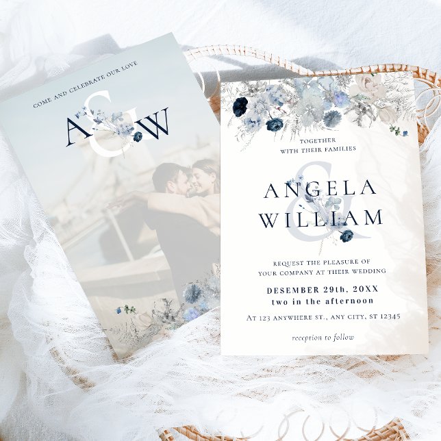 Blue Winter Floral Elegant Wedding Invitation (Creator Uploaded)