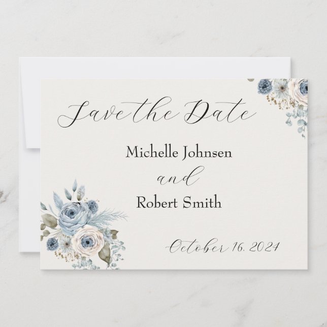 Blue Winter Floral Flat Save The Date Card (Front)