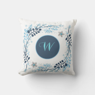 Blue Winter Floral Monogram Cushion