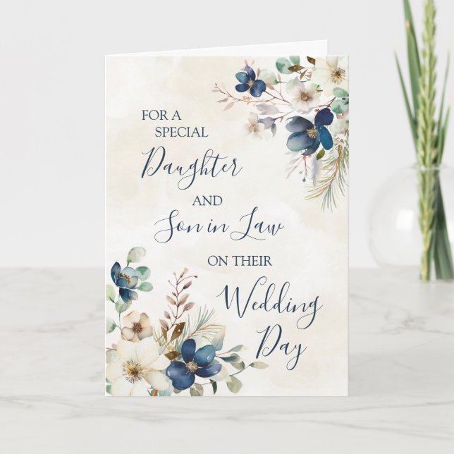 Blue Winter Floral Wedding Day Daughter Son in Law Thank You Card (Front)