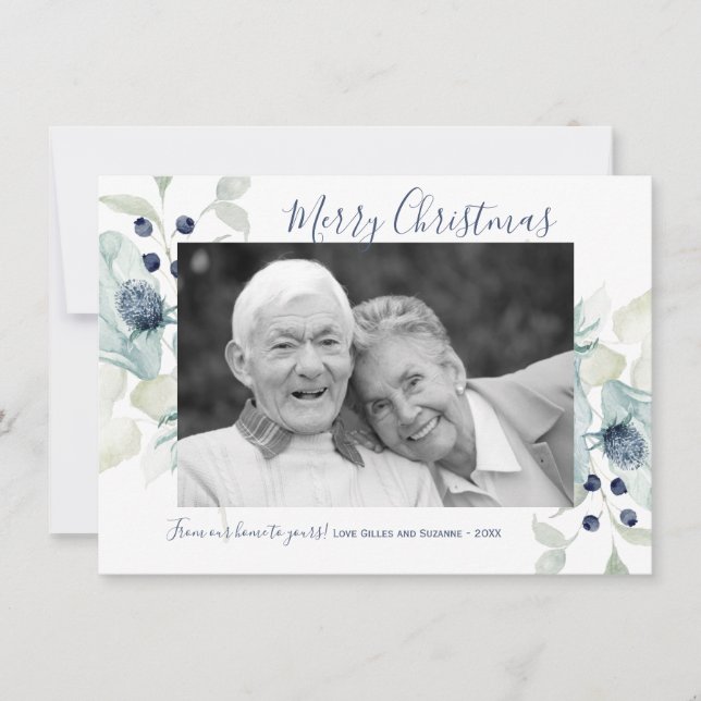 Blue Winter Flowers Holiday Photo Card (Front)