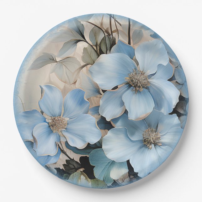 Blue Winter Flowers Paper Plate (Front)