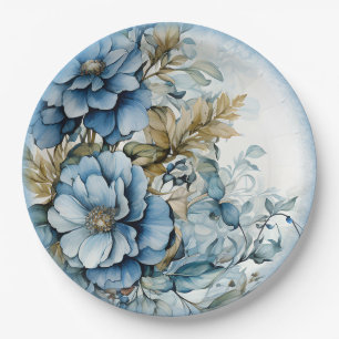 Blue Winter Flowers Paper Plate