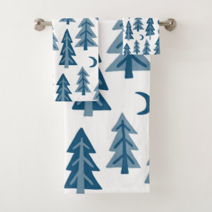 Blue Winter Forest Moon Stars Trees Bath Towel Set