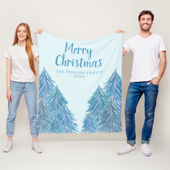 Blue Winter Forest Tree Watercolor Christmas Fleece Blanket (In Situ)