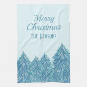 Blue Winter Forest Tree Watercolor Christmas  Tea Towel