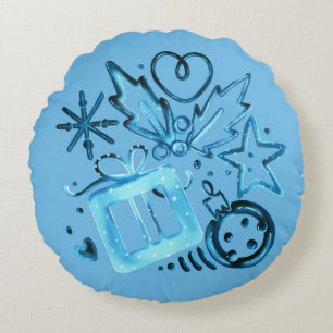 Blue Winter Gift & Holly Round Pillow
