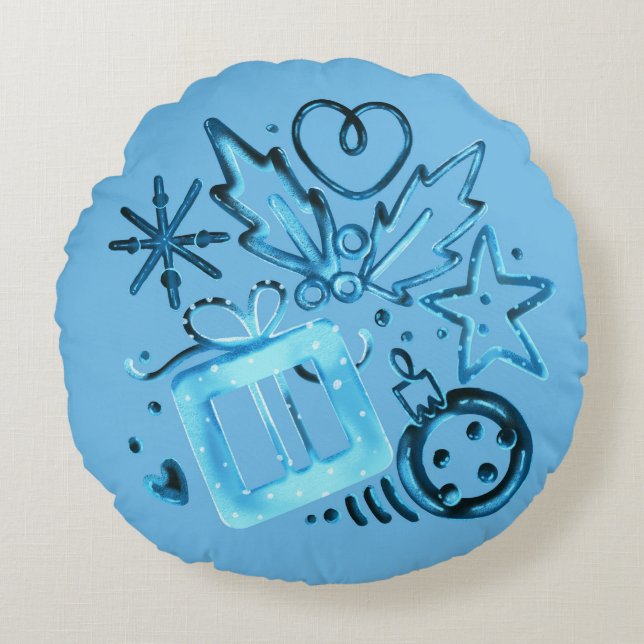 Blue Winter Gift & Holly Round Pillow (Front)