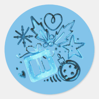 Blue Winter Gift & Holly, Snowflakes & Noel Vibes  Classic Round Sticker