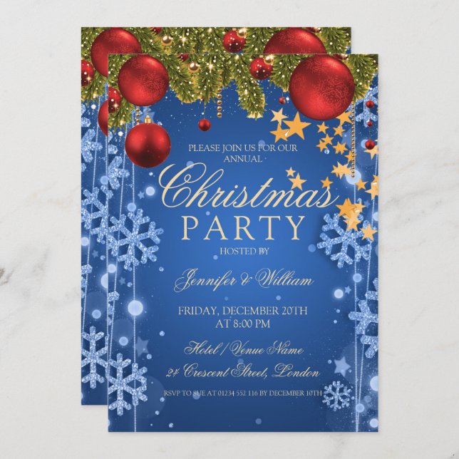 Blue Winter Glam Christmas Holiday Party Invitation (Front/Back)