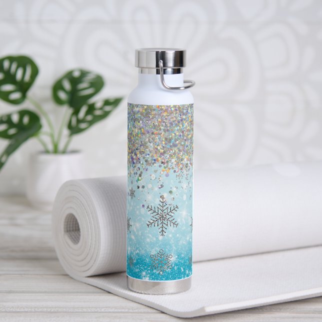 Blue Winter Glitter Snowflake Water Bottle (Yoga)