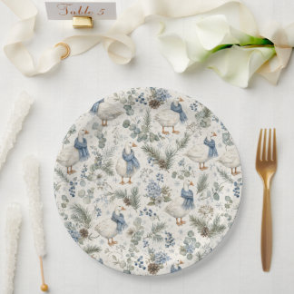 Blue Winter Goose Watercolor Christmas Holiday Paper Plate