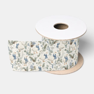 Blue Winter Goose Watercolor Christmas Holiday Satin Ribbon