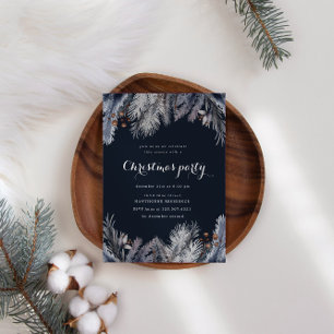 Blue Winter Greenery Christmas Party Invitation