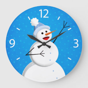 Blue Winter Happy Snowman Large Clock