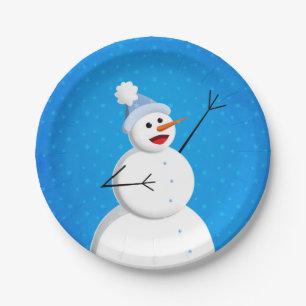 Blue Winter Happy Snowman Paper Plate