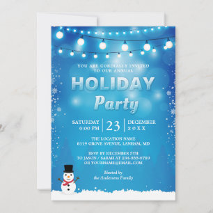 Blue Winter Holiday Party String Lights Snowflakes Invitation
