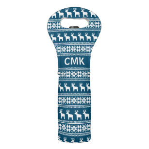 Blue Winter Holiday Snowflake Reindeer Monogram Wine Bag