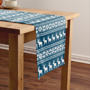 Blue Winter Holiday Snowflake Reindeer Pattern Short Table Runner